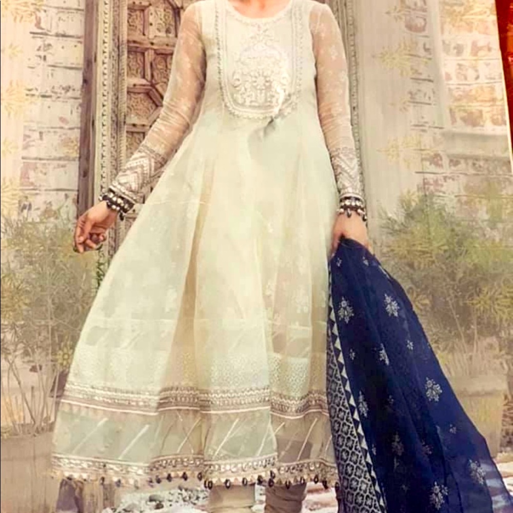 Organza white suite with blue dupata